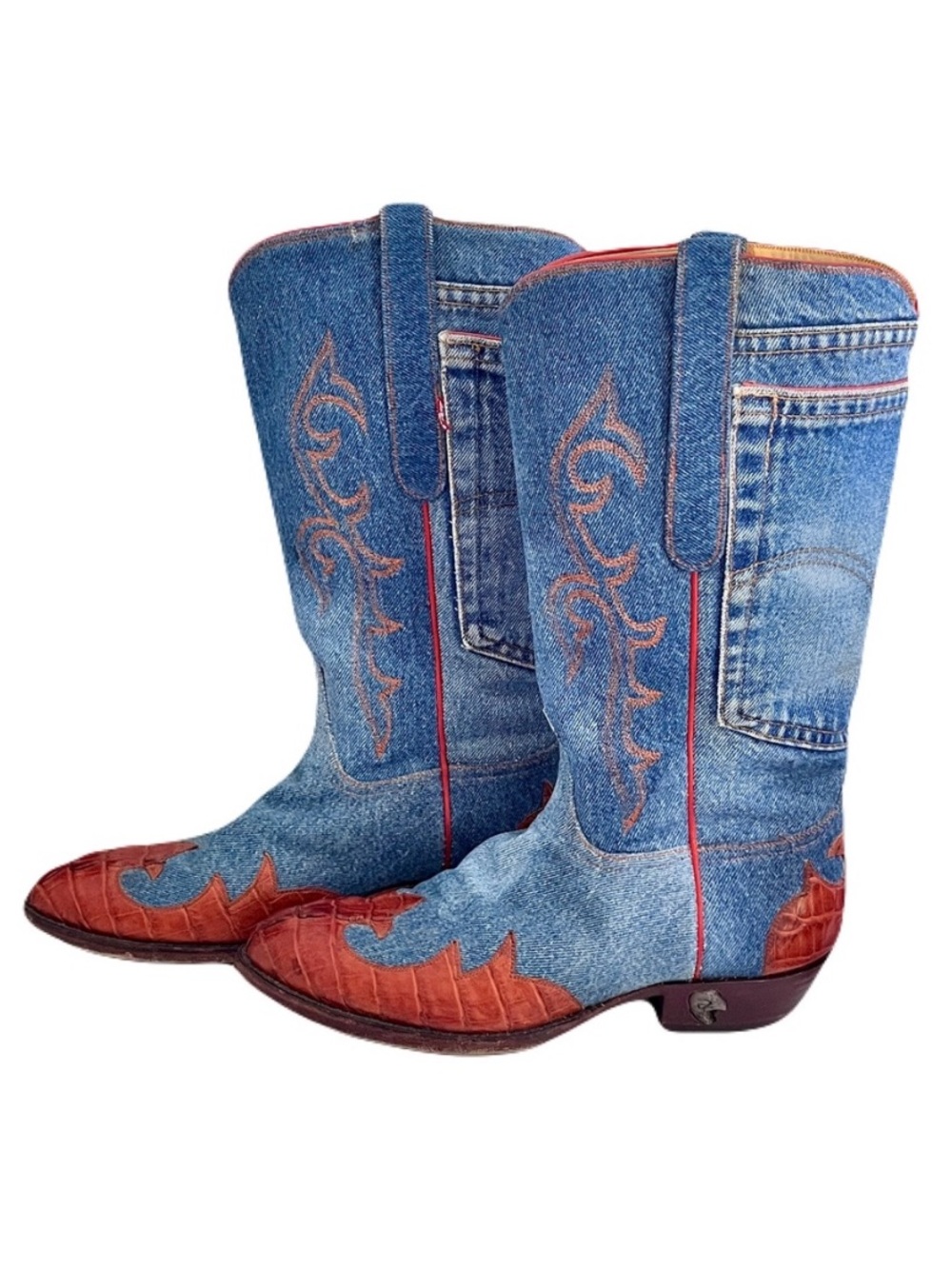 Tres Outlaws Falconhead Denim Levi’s Cowboy Boots with Crocodile Trim, Size 10